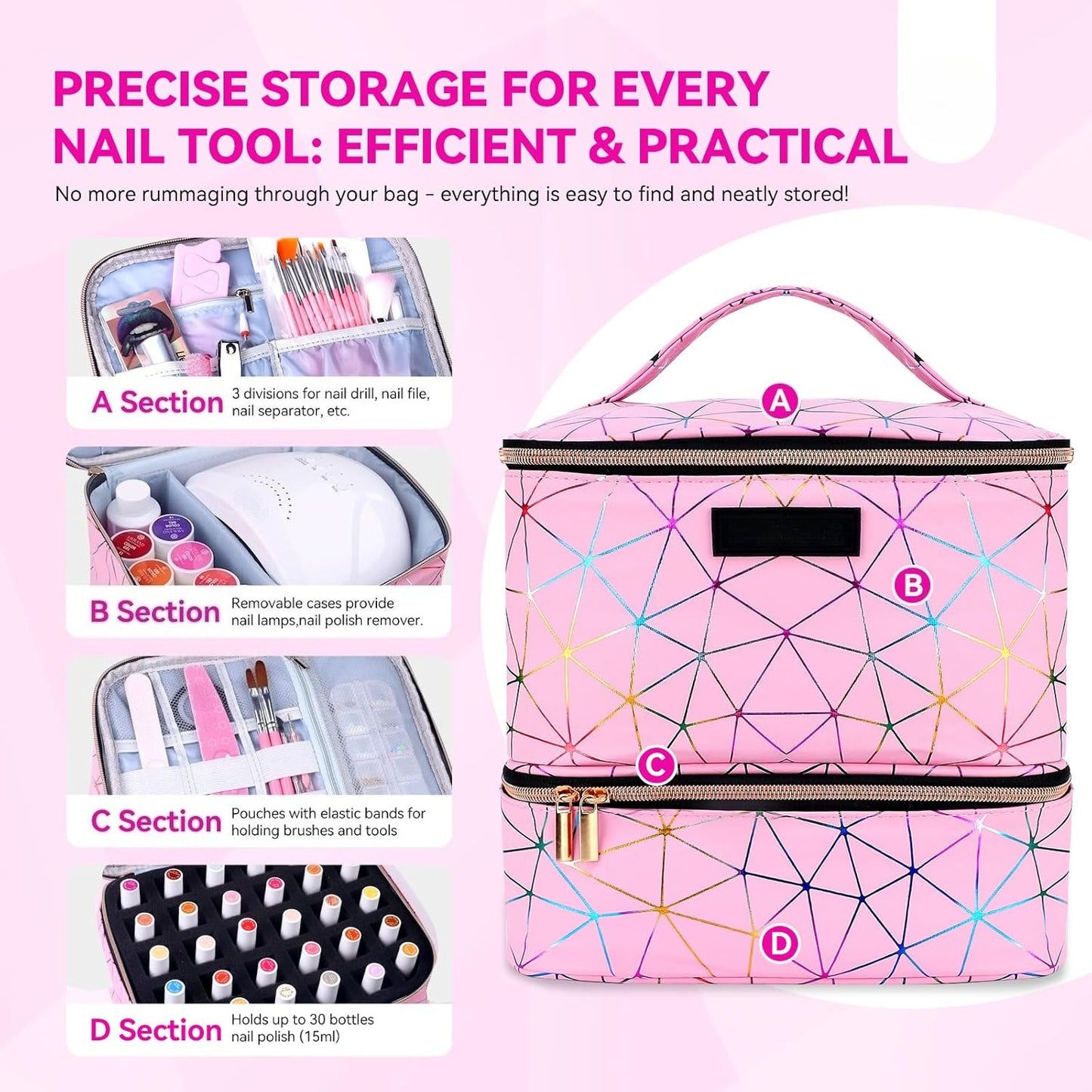 Nail Polish Organizer Bag: PU Leather Nail Polish Storage Organizer Holds 30 Bottles & Nail Lamp