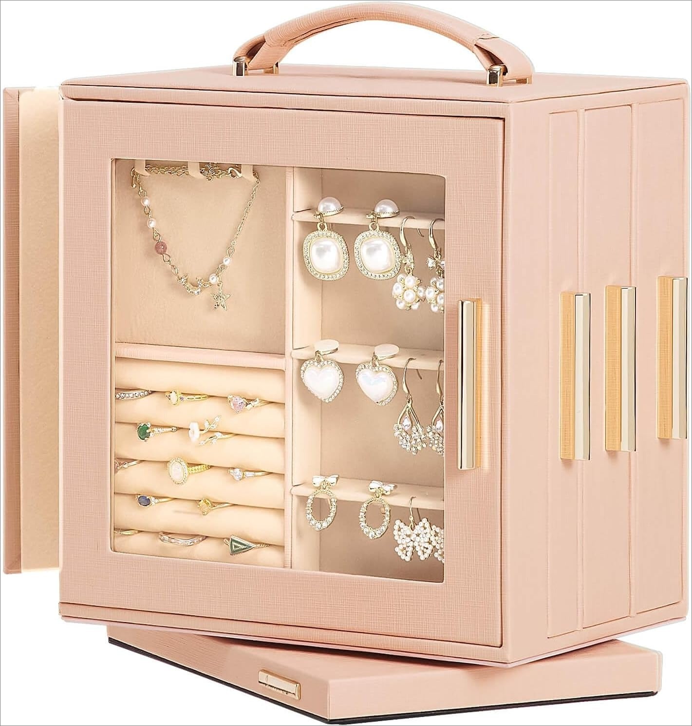 Jewelry Box 360° Rotating, Necklace Earring Organizer with Transparent Window, Mirror, 7 Drawers