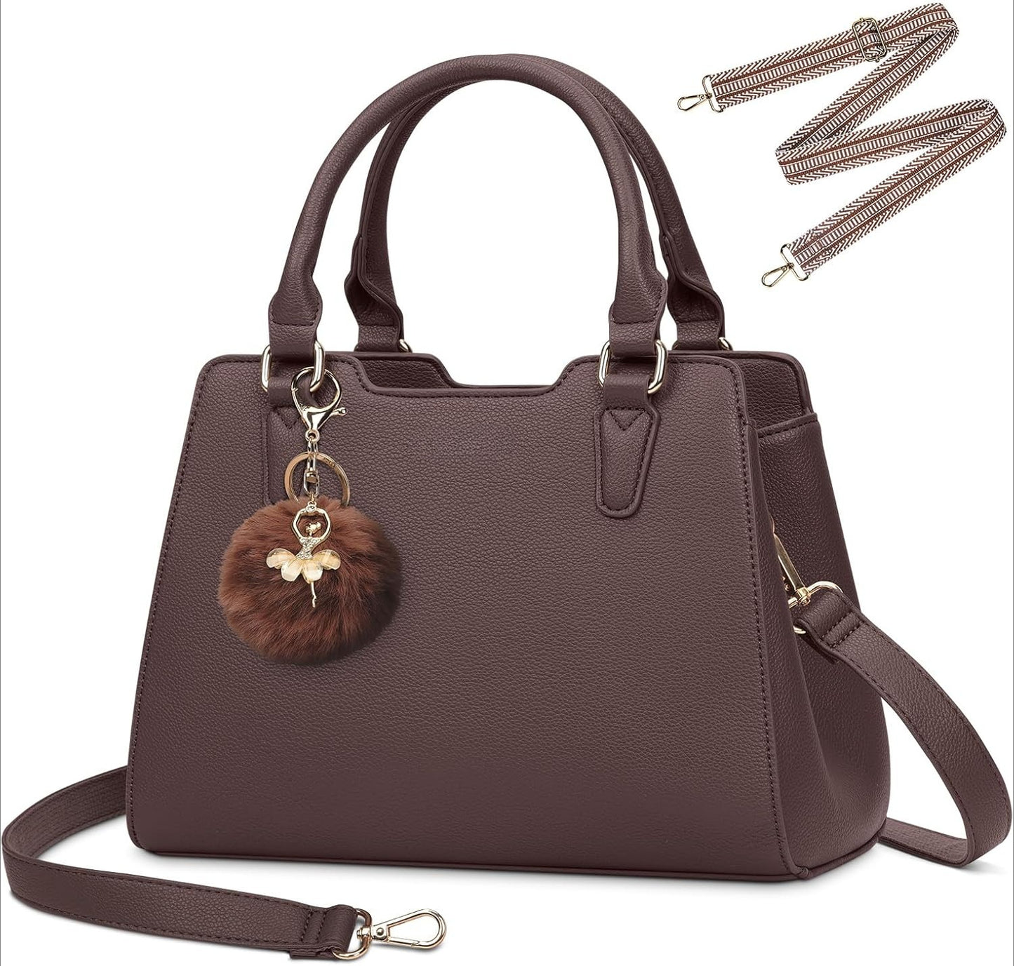 Women's Top Handle Tote Bag PU Faux Leather Shoulder Bag Women's Wallet Handbag with Cute Pom Pom