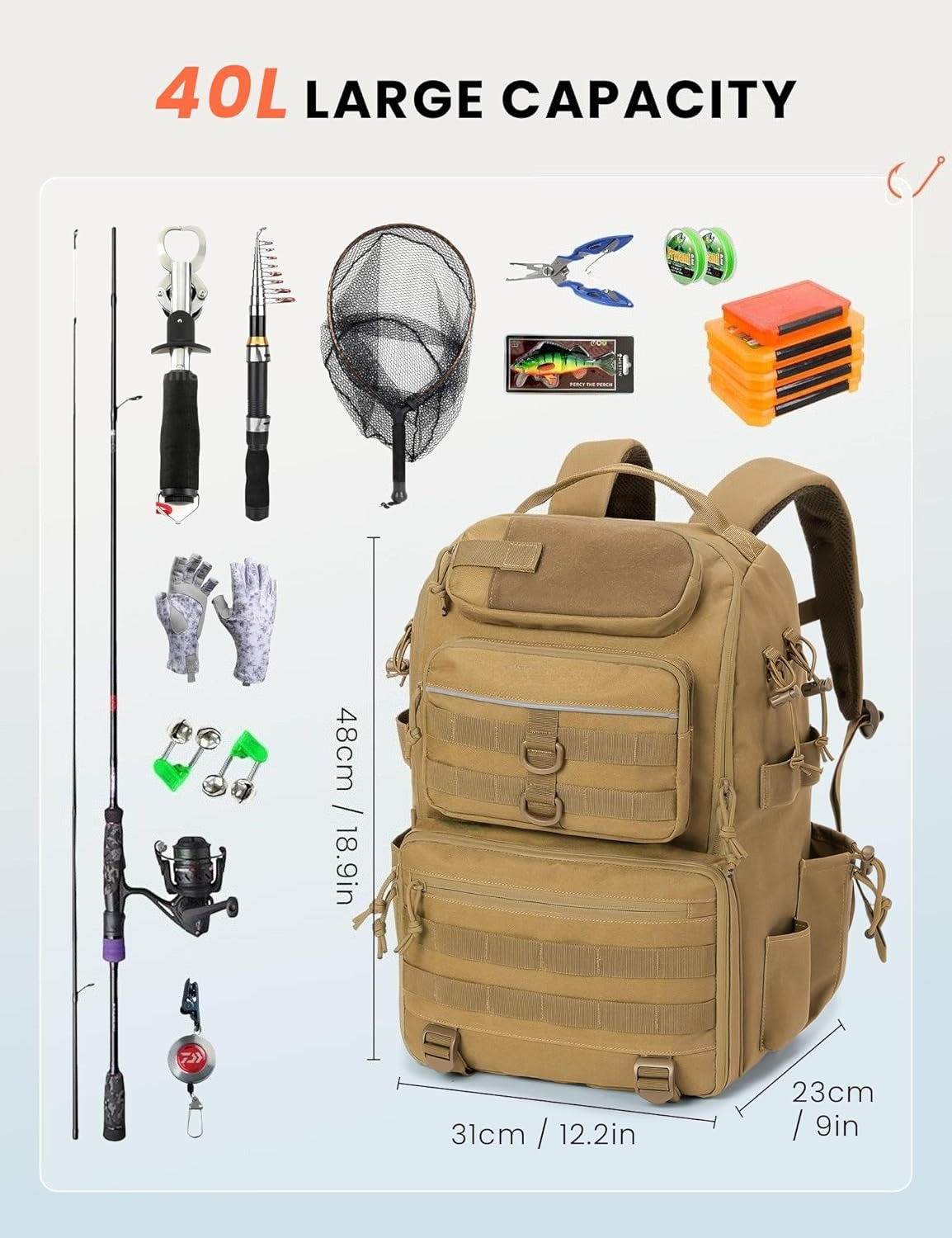 Tackle Backpack Fishing Bags with Rod Holder, 40L Water-Resistant Tackle Box Storage Bag