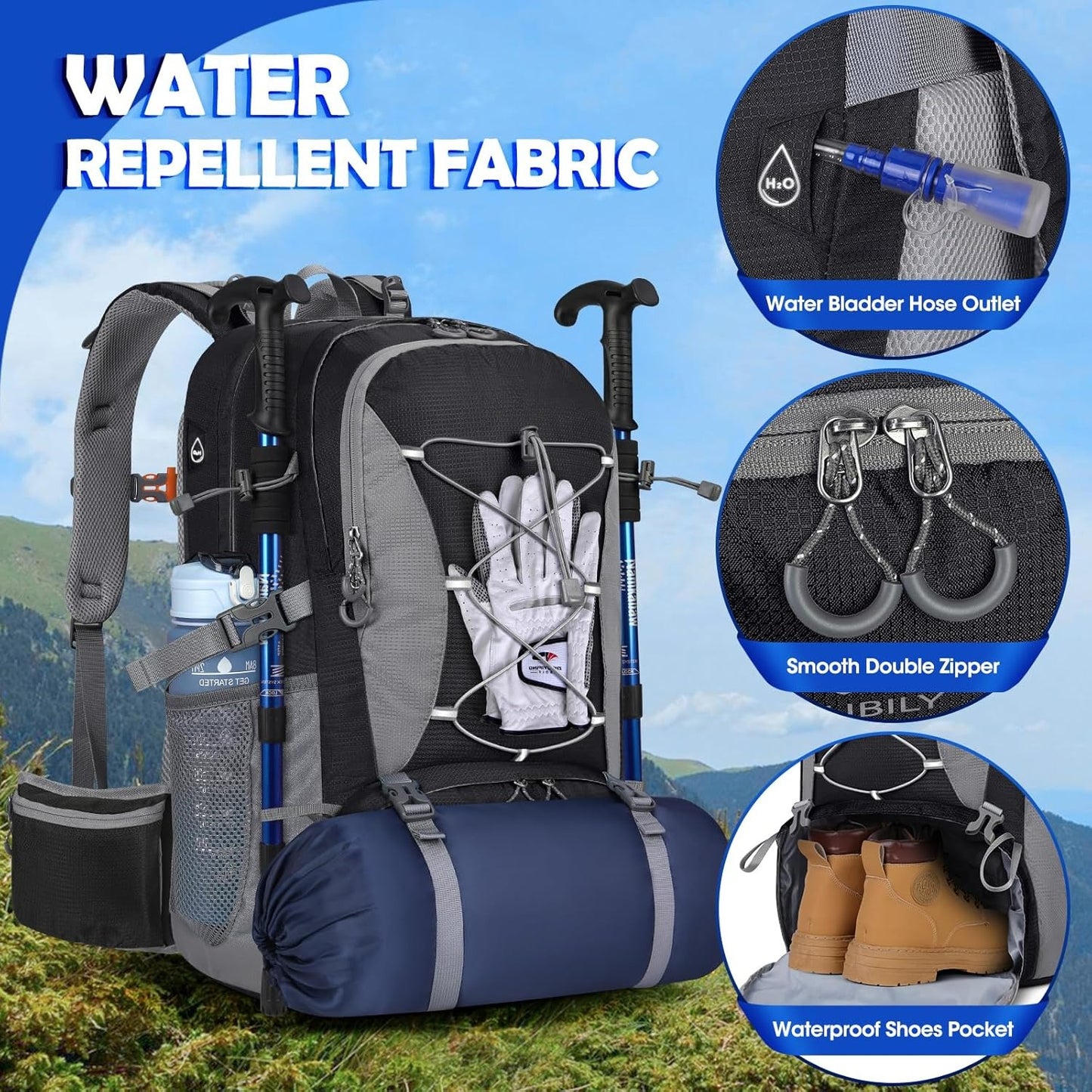 50L Hiking Backpack Waterproof Camping Backpack for Men Women Lightweight HIking Daypack