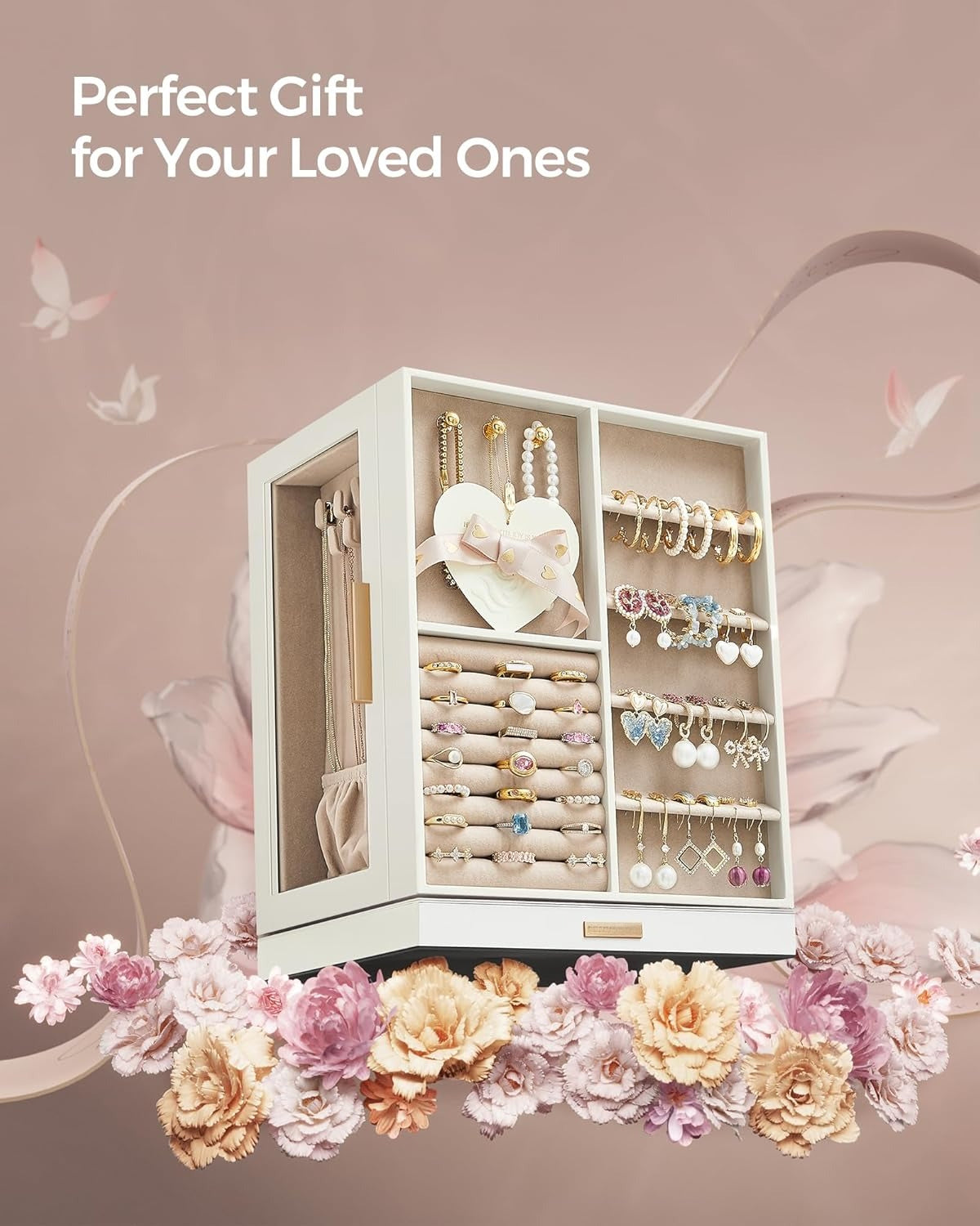 360° Rotating, Jewelry Storage Case with 5 Drawers, Jewelry Organizer, Glass Window