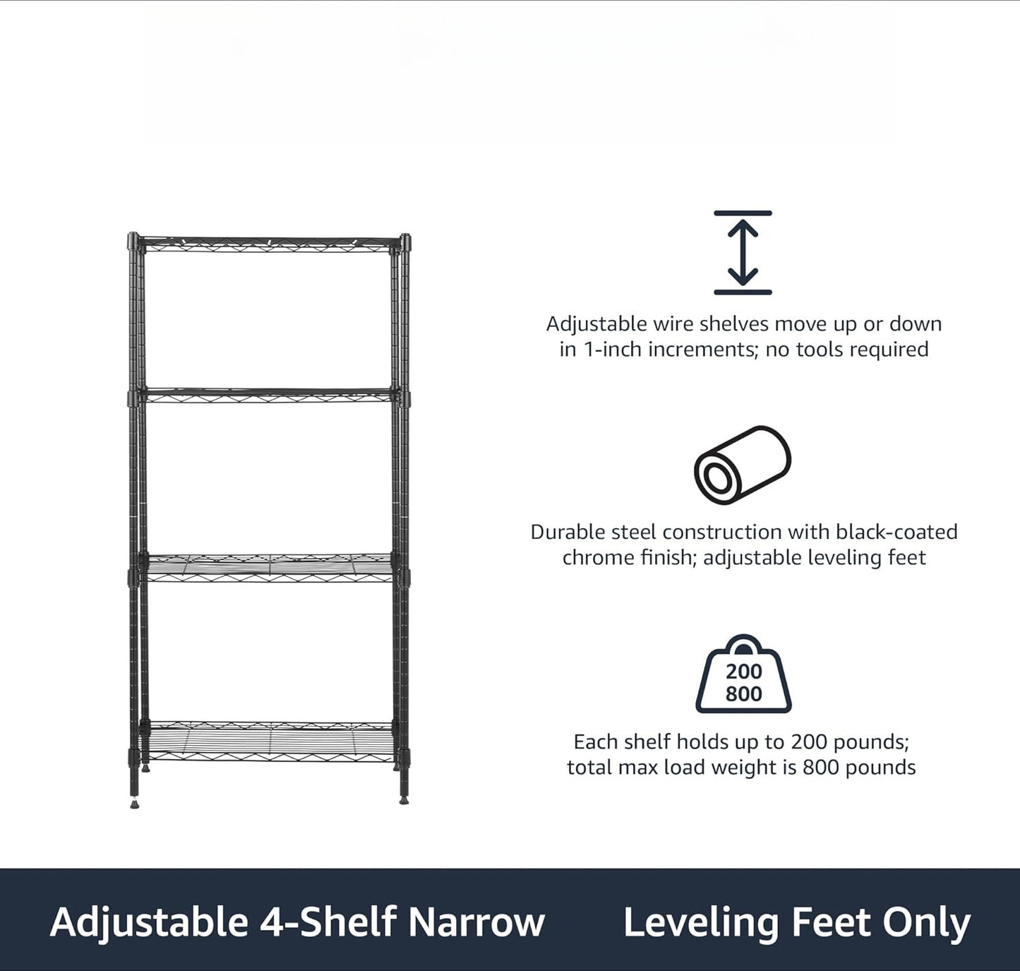 4-Shelf Steel Wire Storage Rack, Adjustable, Sturdy, Easy Assembly, 13.4 D x 23.2 W x 48 H in