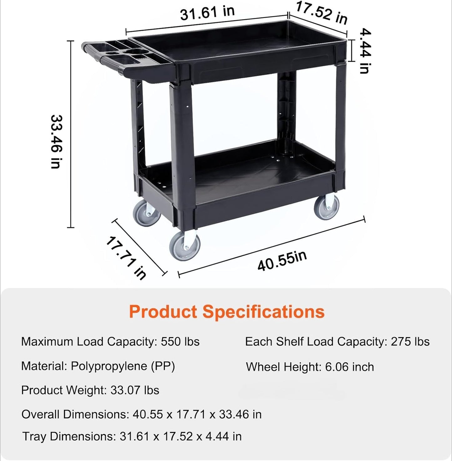 Utility Service Cart, 2 Shelf  Duty Plastic Rolling Utility Cart, Medium Lipped Shelf, 360° Swivel Wheels