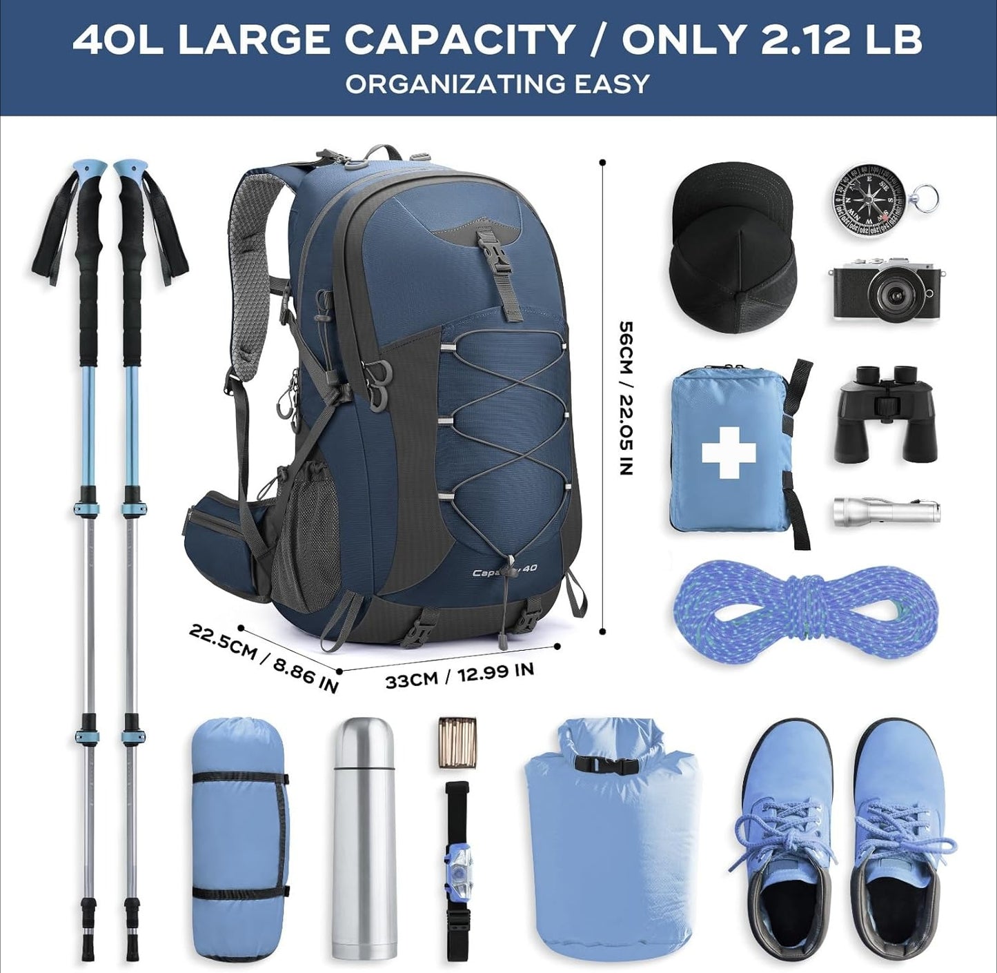 Camping Backpack,40L Waterproof Hiking Daypack with Rain Cover,Lightweight Travel Backpack