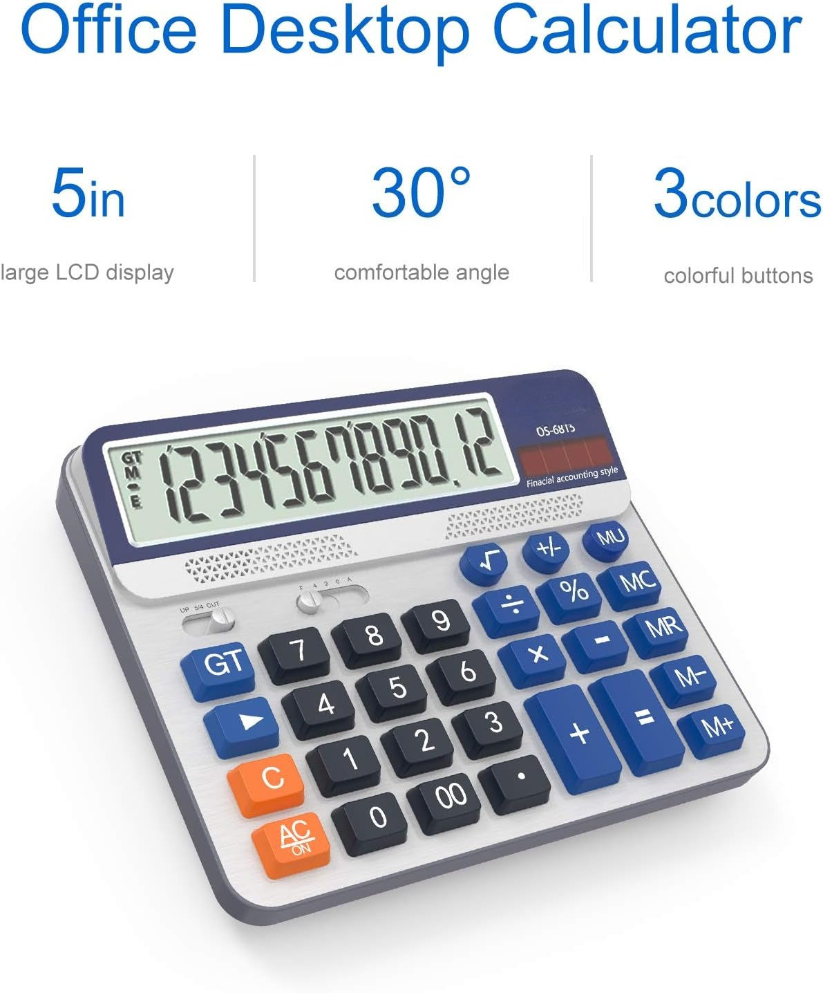 OMOMMD Desktop Calculator Extra Large 5-Inch LCD Display 12-Digit Big Number Accounting Calculator with Giant Response Button, Battery & Solar Powered, Perfect for Office Business Home Daily Use(OS-6815)