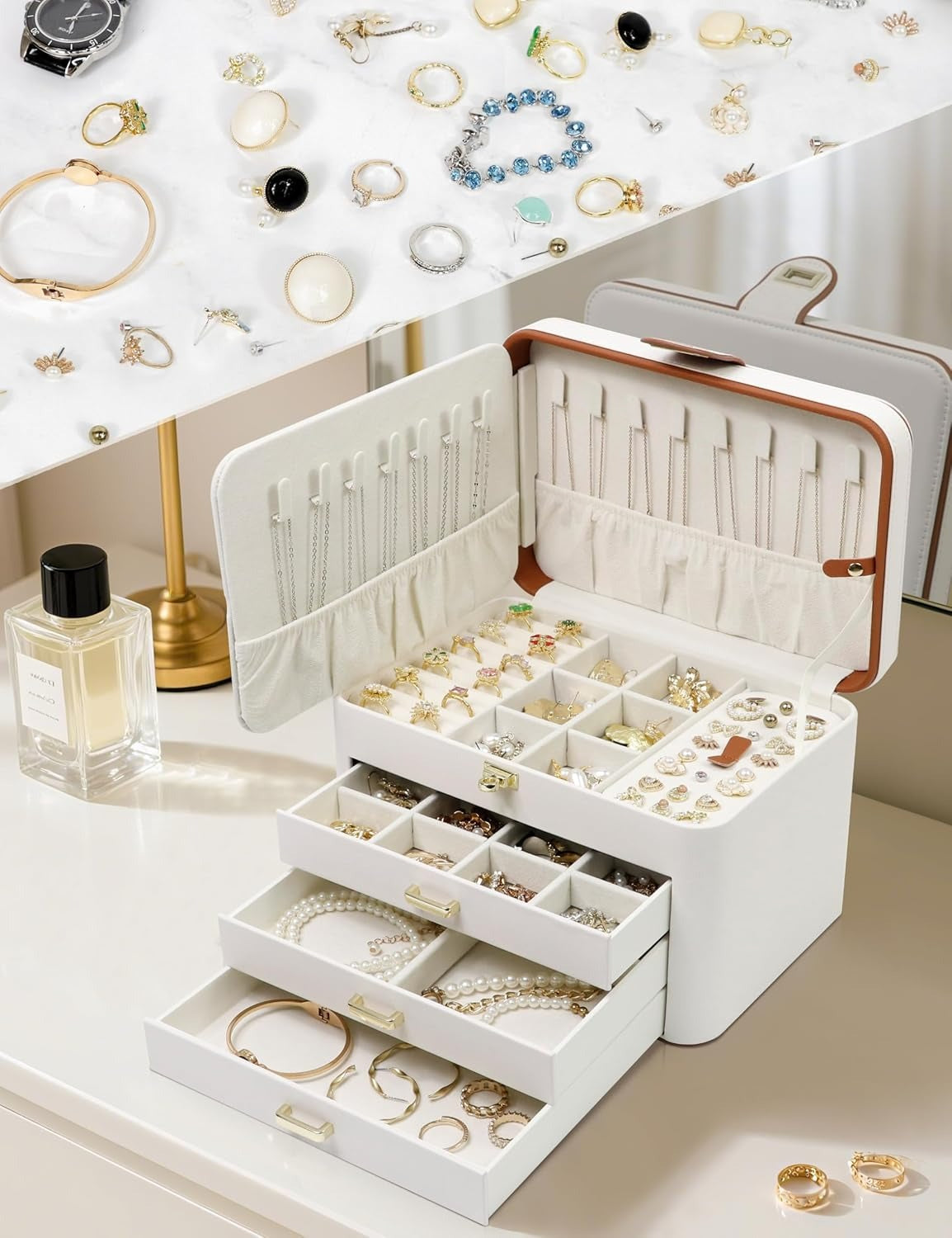 4 Layer Jewelry Organizer with Mirror, 3 Drawers, Jewelry Storage Box, for Earring, Necklace, Bracelet, Ring