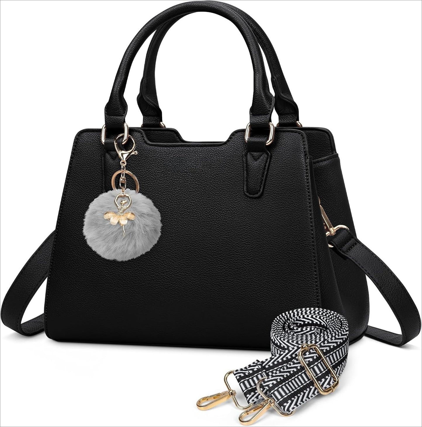 Women's Top Handle Tote Bag PU Faux Leather Shoulder Bag Women's Wallet Handbag with Cute Pom Pom