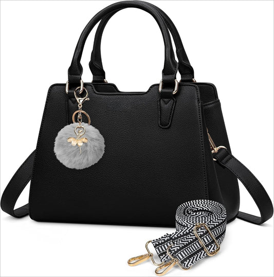 Women's Top Handle Tote Bag PU Faux Leather Shoulder Bag Women's Wallet Handbag with Cute Pom Pom