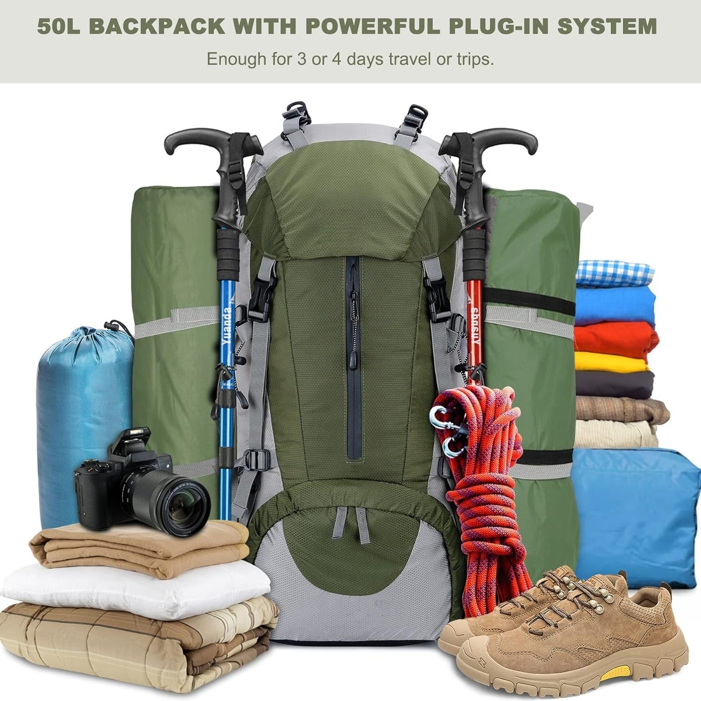 50L Hiking Backpack, Waterproof Camping Essentials Bag with Rain Cover, 45+5 Liter Lightweight Backpacking