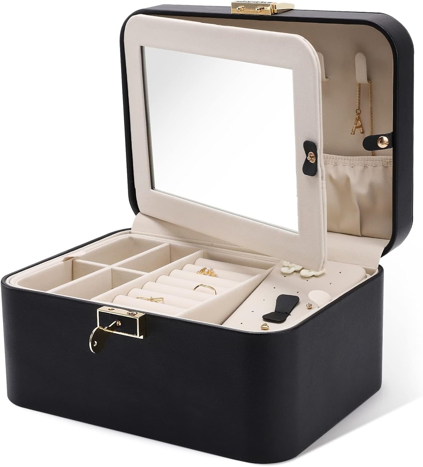 Jewelry Organizer Box, 2 Layers, Large Capacity, Double Lock and Large Mirror, Hidden Necklace Hooks, Removable Dividers