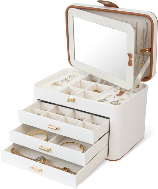 4 Layer Jewelry Organizer with Mirror, 3 Drawers, Jewelry Storage Box, for Earring, Necklace, Bracelet, Ring