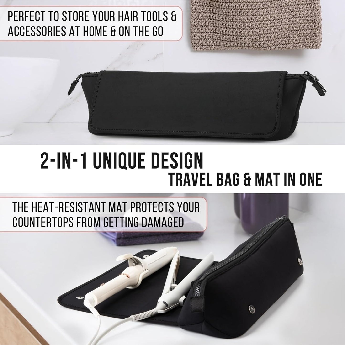 Hair Tools Travel Bag and Heat Resistant Mat ,  2-in-1 design, with Interior Pockets, Portable Organizer