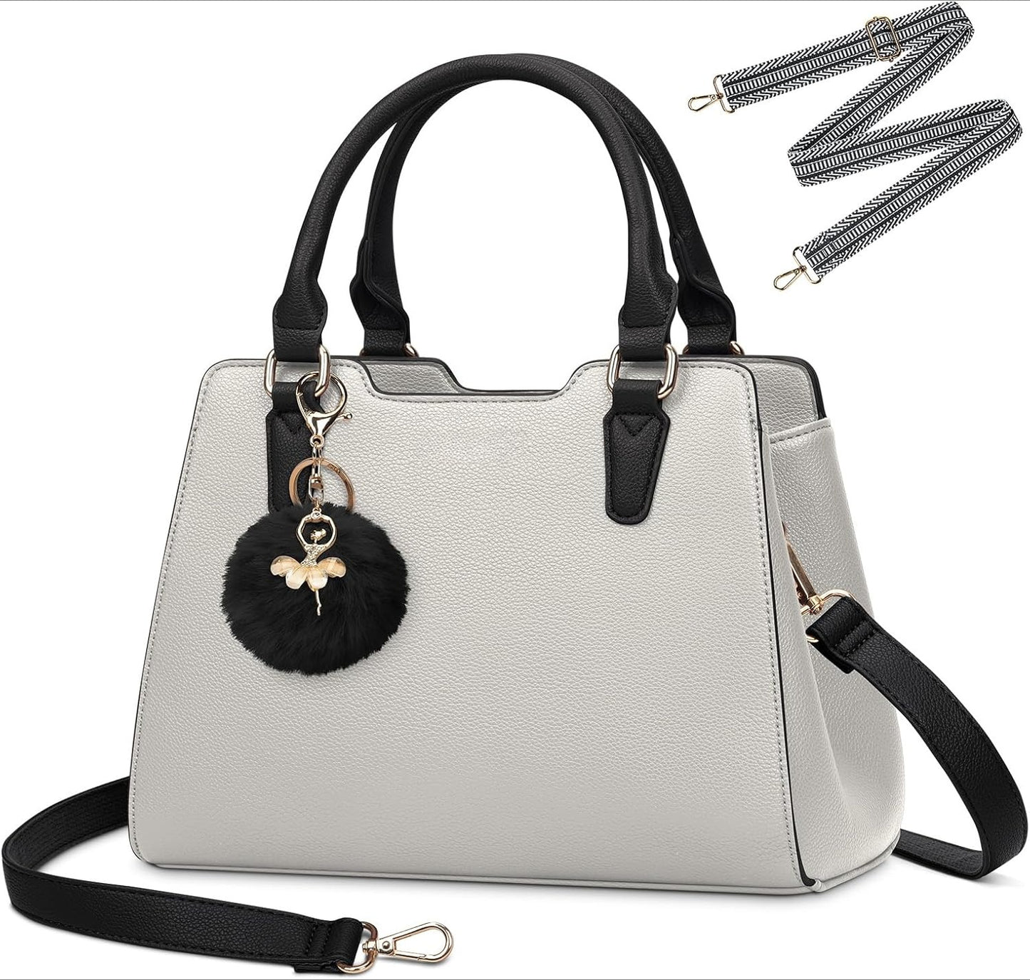 Women's Top Handle Tote Bag PU Faux Leather Shoulder Bag Women's Wallet Handbag with Cute Pom Pom