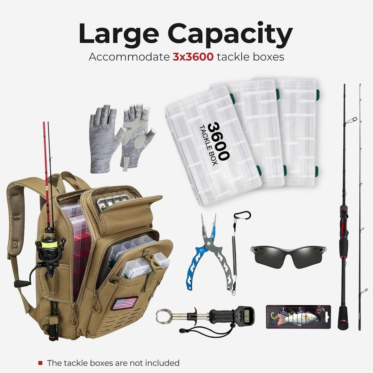 Fishing Tackle Backpack with Rod & Gear Holder, Lightweight Fishing Tackle Storage Bag with Protective Rain Cover