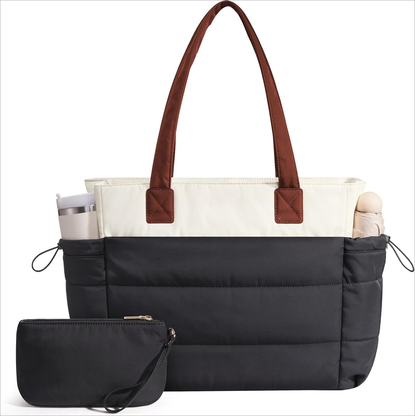 Tote Bag for Women with Giant Tumbler Holder Pocket, Puffer Work Travel Laptop Handbag with Zipper