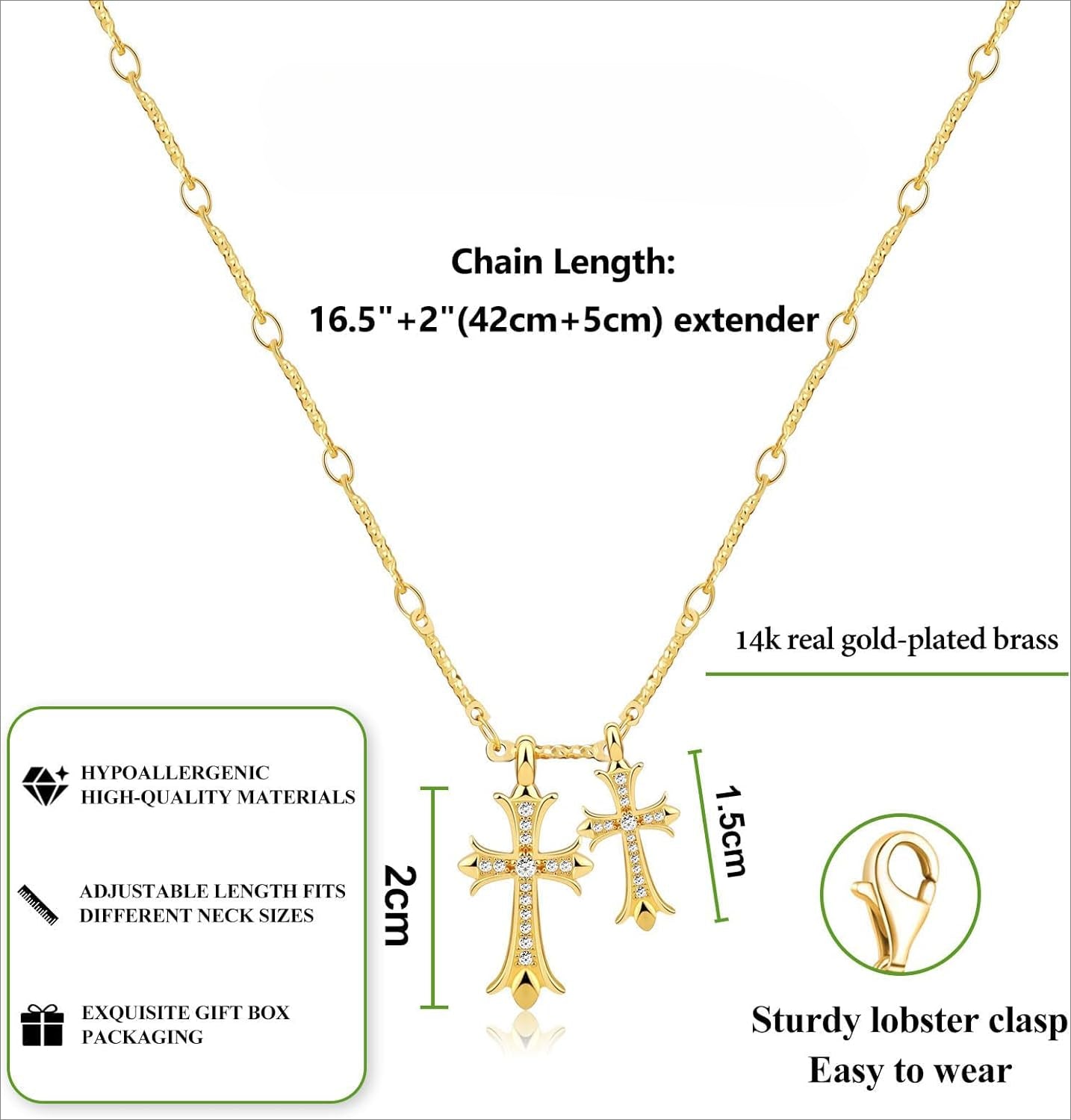 "14K Gold/Silver Plated Double Cross Necklace, Dainty Diamond Cross Pendant Chain, Delicate Faith Jewelry Gift for Women"