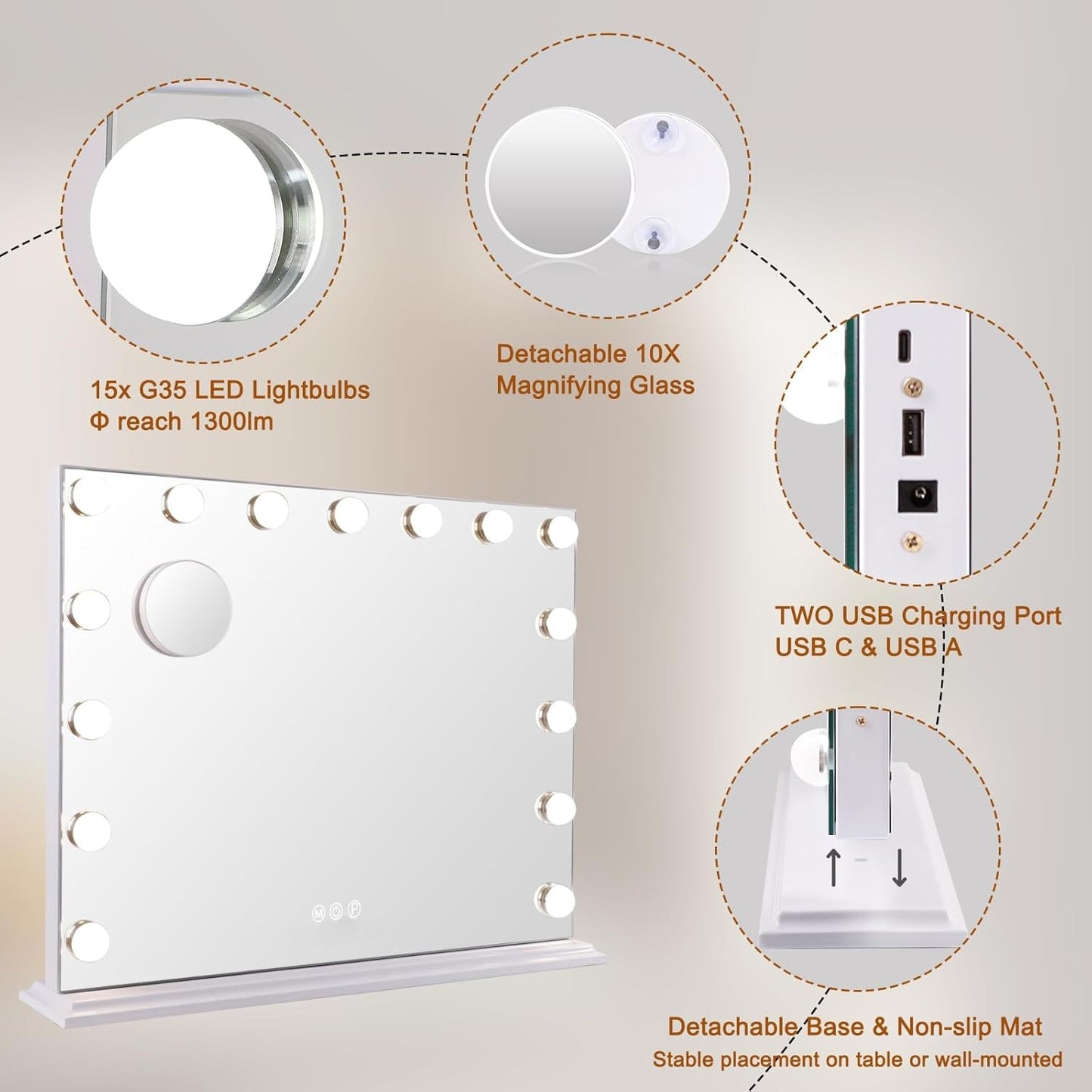 Vanity Mirror with Lights, Mirror with 15 Dimmable LED Bulbs for Dressing Room & Bedroom