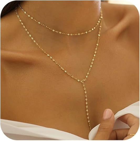 Lariat Gold Necklace for Women: 14K Gold Plated Dainty Y-Shaped Body-Chain Choker, Non-Tarnish Layered Pendant Gift