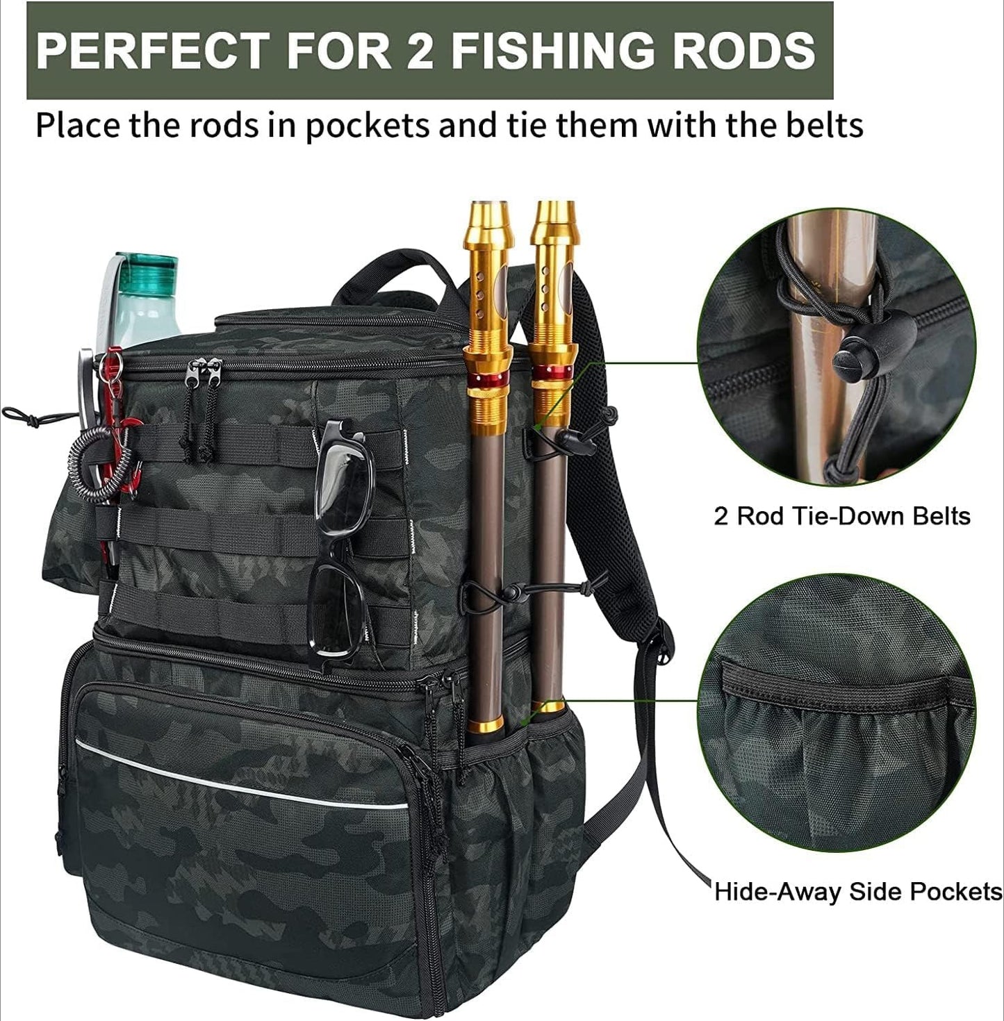 Fishing Backpack, Water Resistant Fishing Tackle Box Bag with Rod Holders & Cooler, Gear Gifts for Men