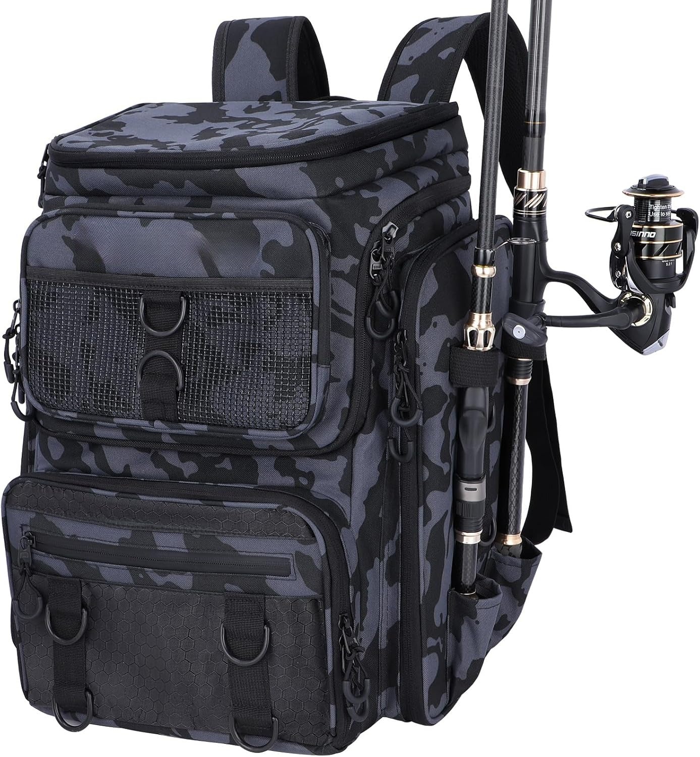 Fishing Backpack with Rod Holders Tackle Box, 42L Large Water-resistant Fishing Tackle Bag Store Fishing Gear