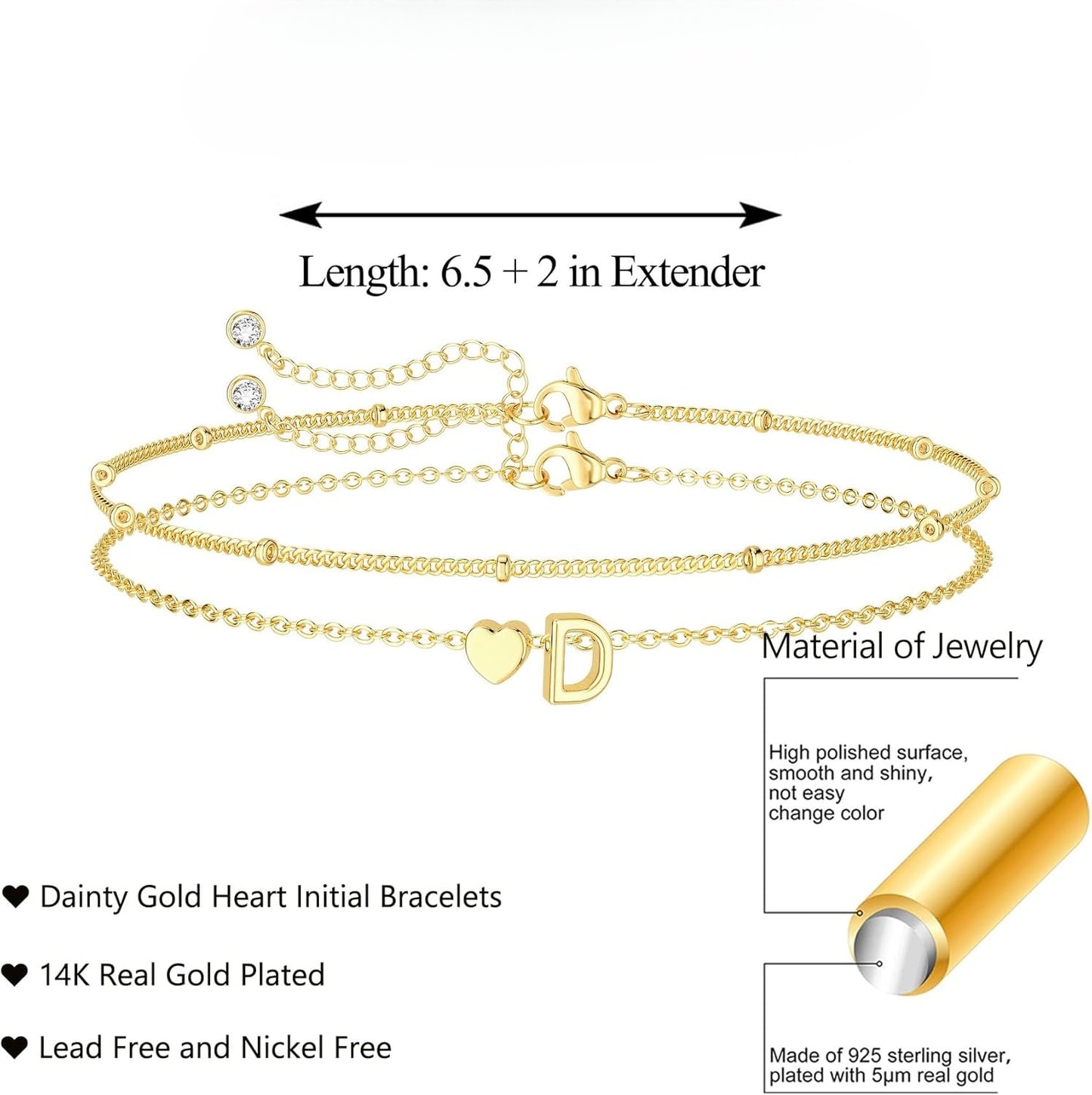 Dainty Initial Heart Gold Bracelets for Women Trendy, 14K Real Gold Letter Charm Bracelet Jewelry
