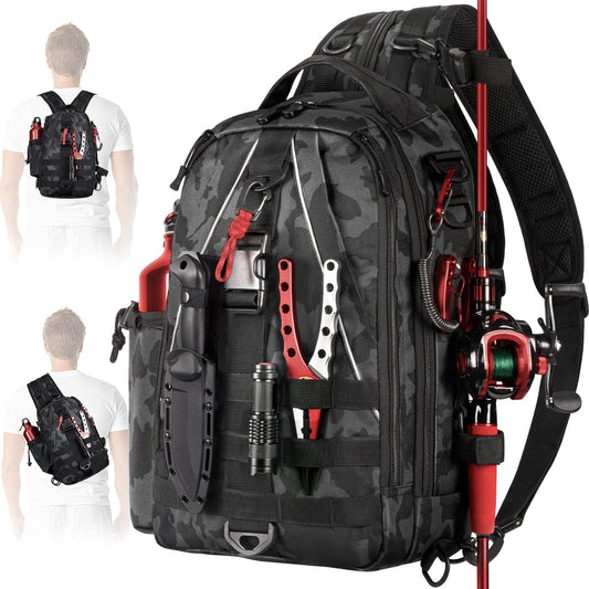 Fishing Backpack Tackle Sling Bag-Backpack with Rod Holder- Lightweight Tackle Box
