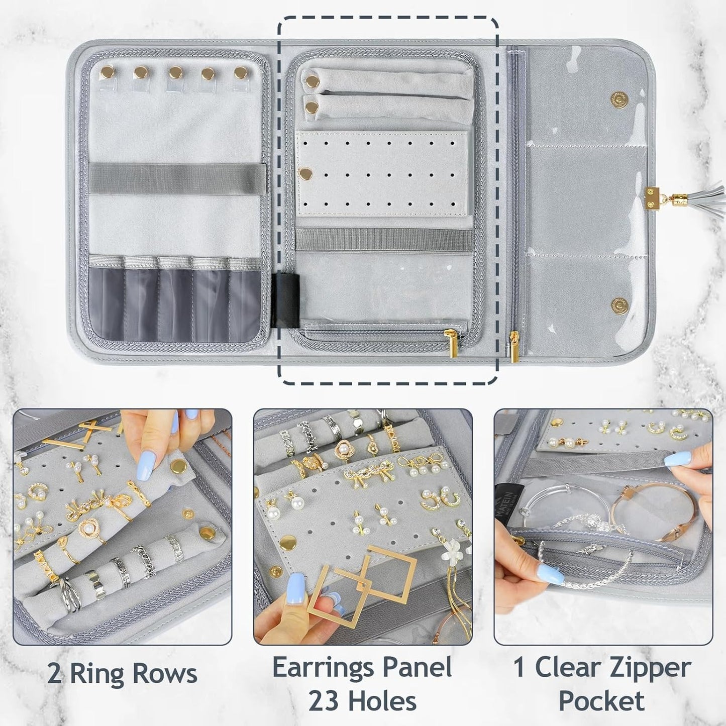 Jewelry Travel Organizer , Portable Leather Jewelry Storage Roll Bag Envelope Clutch