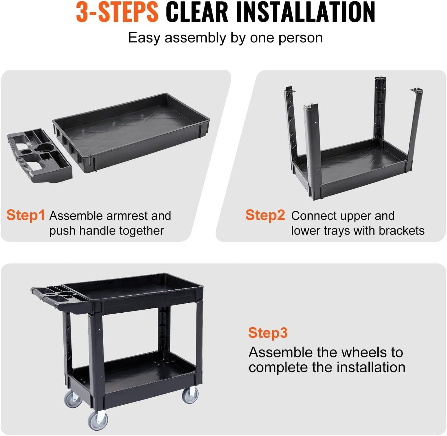 Utility Service Cart, 2 Shelf  Duty Plastic Rolling Utility Cart, Medium Lipped Shelf, 360° Swivel Wheels