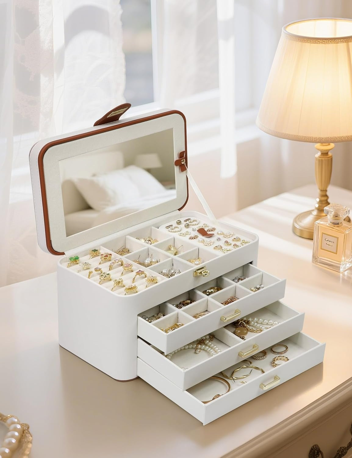 4 Layer Jewelry Organizer with Mirror, 3 Drawers, Jewelry Storage Box, for Earring, Necklace, Bracelet, Ring