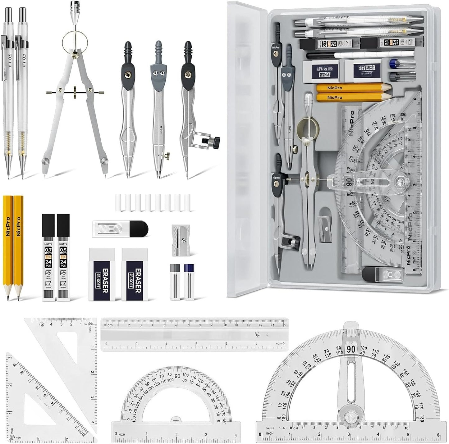 OMOMMD 22 PCS Compass Geometry Tools with Case, Drafting Tools Geometry Set with Swing Arm Protractor, Rulers, Metal Compass, Square Set, Mechanical Pencil, Back to School Supplies for Students