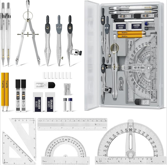OMOMMD 22 PCS Compass Geometry Tools with Case, Drafting Tools Geometry Set with Swing Arm Protractor, Rulers, Metal Compass, Square Set, Mechanical Pencil, Back to School Supplies for Students