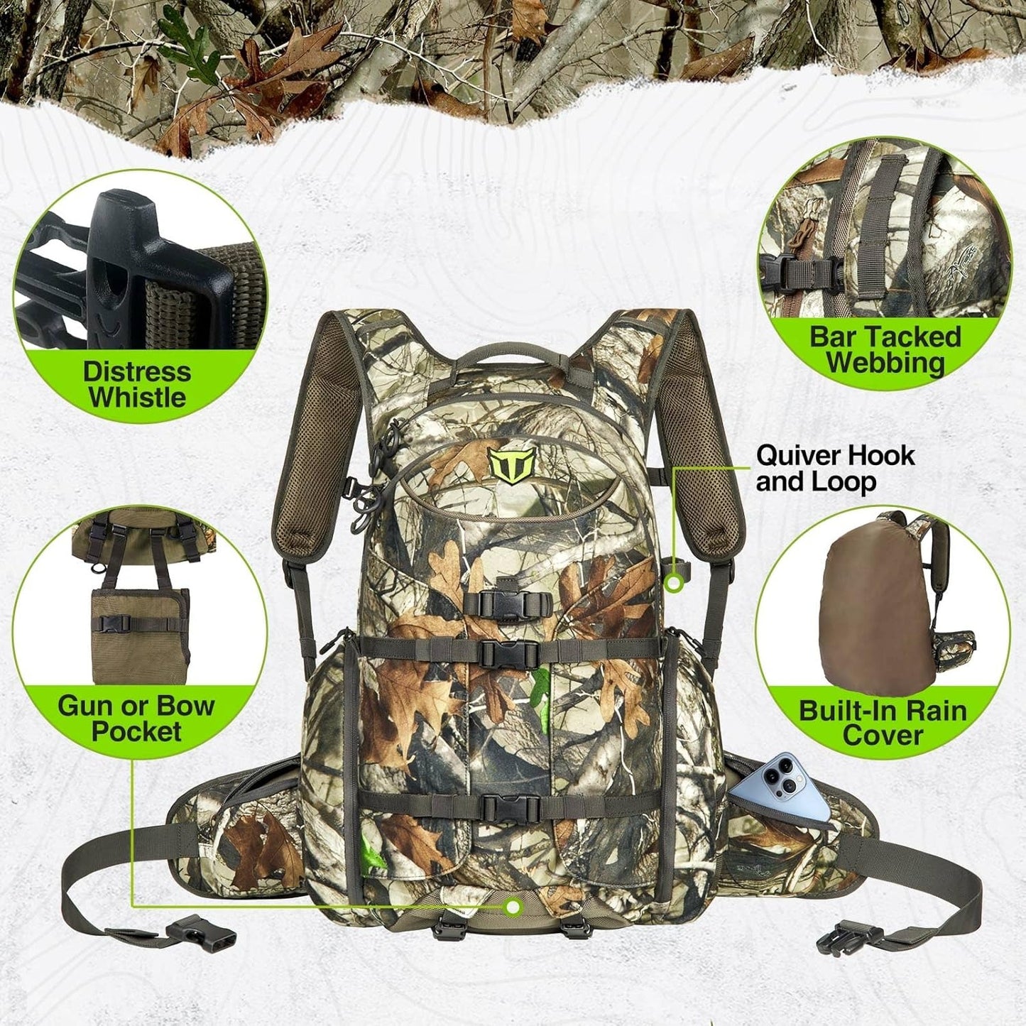 Hunting Backpack, Waterproof Camo Hunting Pack with Rain Cover, Long-Lasting Large Capacity