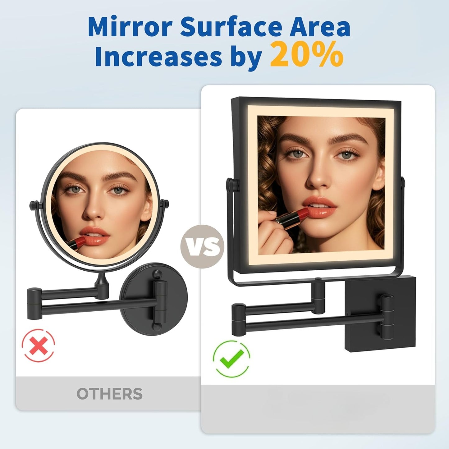 Rechargeable Wall Mounted Makeup Mirror Touch Screen Dimmable, 360° Rotation Extension Foldable Arm