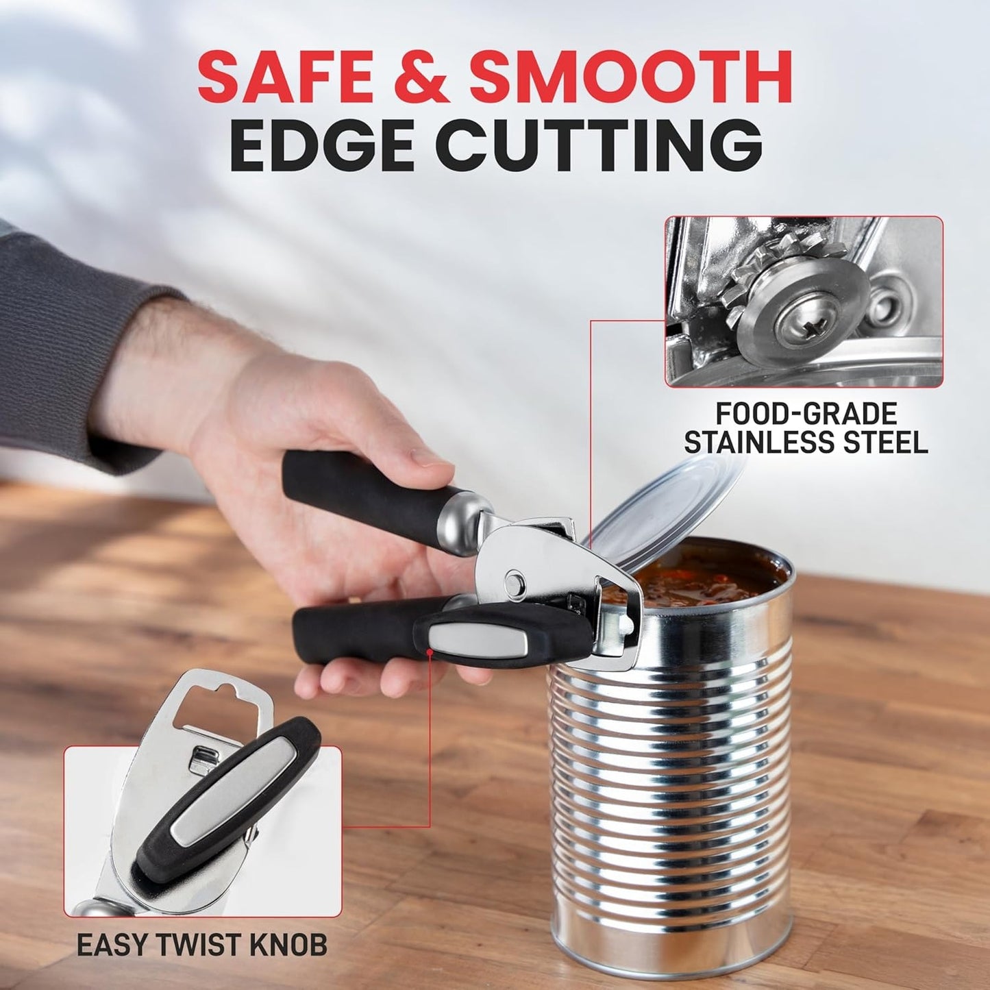 with Bottle Opener - Rust Proof Manual Can Opener With Turn Knob & Comfy Soft Grip Handles