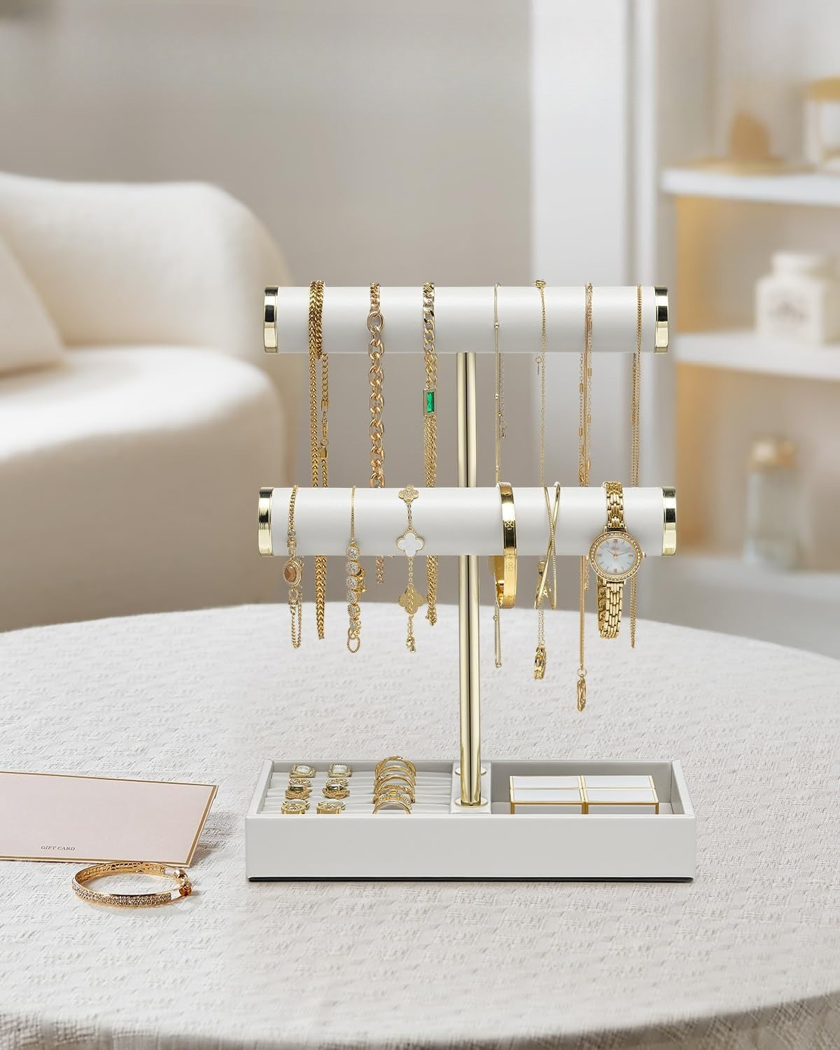 2 Tier Bracelet Holder Organizer with Tray - Leather Jewelry Stand Organizer for Women - Jewelry Holder Display