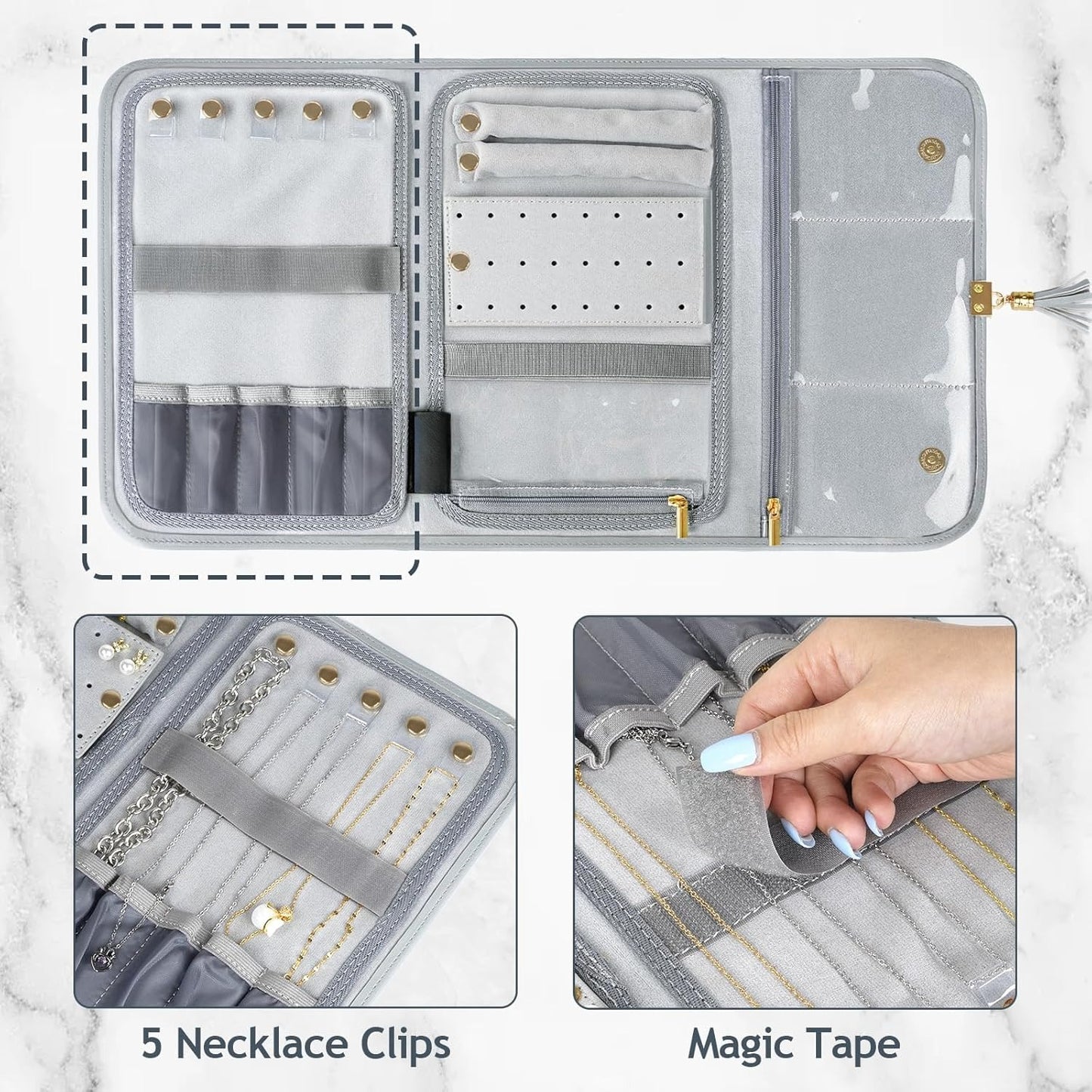 Jewelry Travel Organizer , Portable Leather Jewelry Storage Roll Bag Envelope Clutch