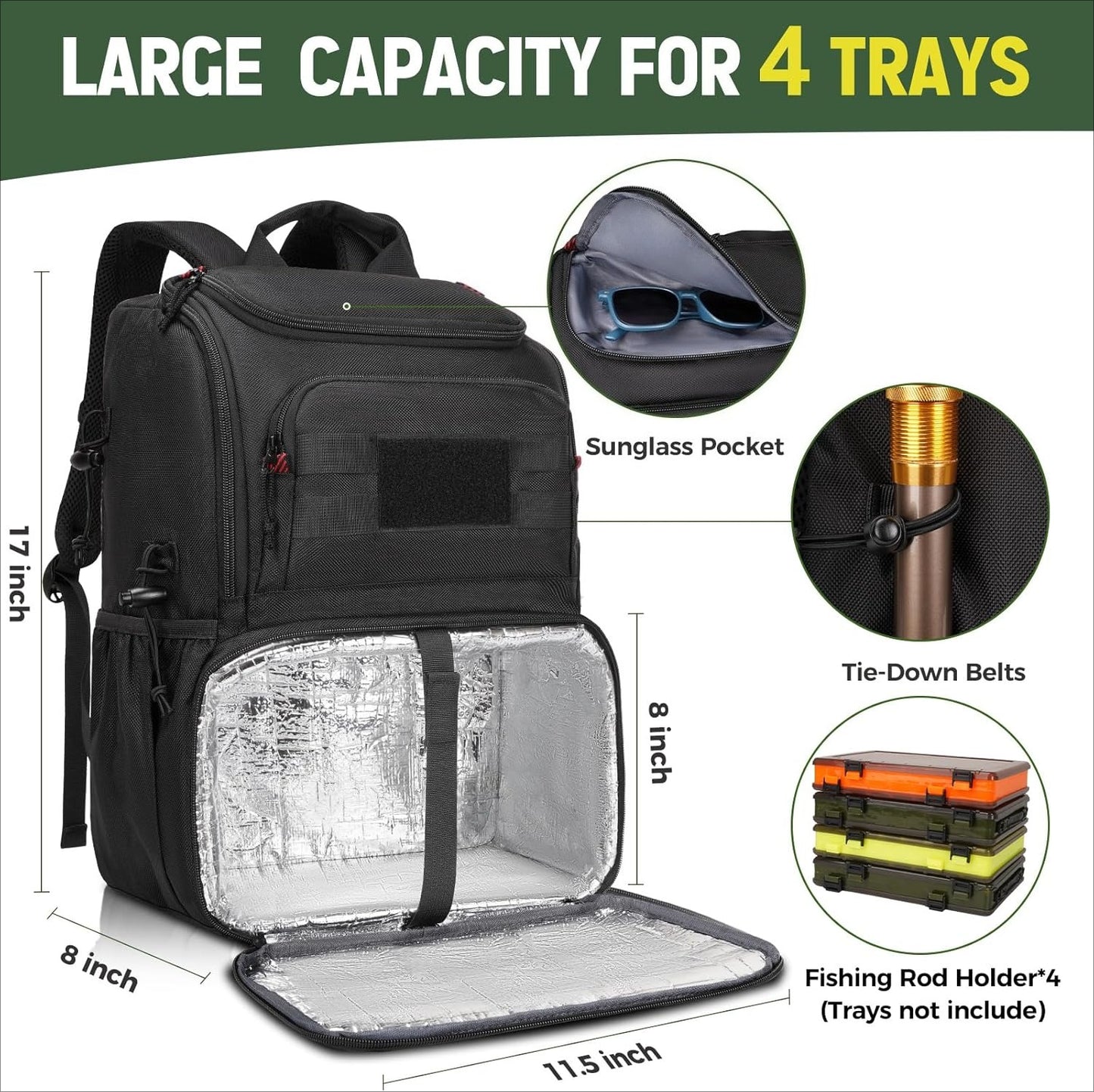 Fishing Backpack Tackle Box, Water Resistant Tackle Backpack Fishing Bags with Cooler & Rod Holders