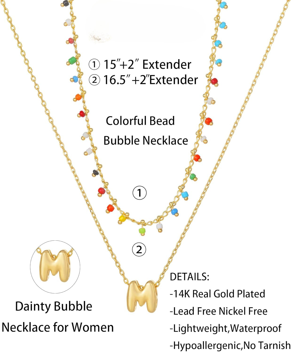 Colorful Bead Layered Initial Necklace for Women - Dainty Letter Choker, Personalized Beach Jewelry Gift