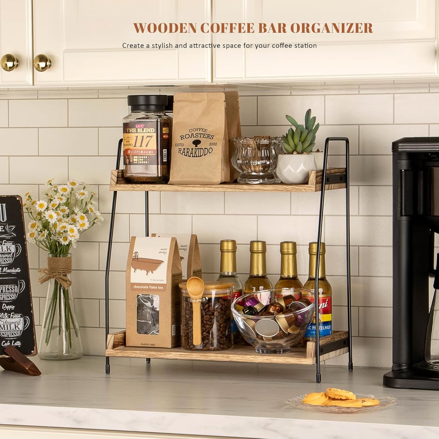 Countertop Coffee Station Organizer, 2 Tier Wooden Shelf for Coffee Bar Accessories, Condiment Storage Caddy