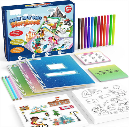OMOMMD My Storybook Art Kit, Creative Writing & Drawing Activity Set for Boys & Girls, Hardcover Comic Book Making Kit with Stickers, DIY Arts and Crafts Supplies Gifts for Kids Ages 5, 6, 7, 8-12