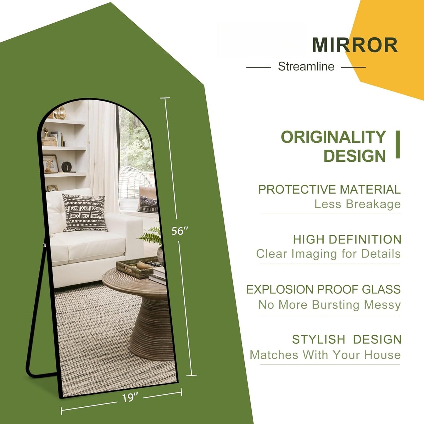 Arched Full Length Mirror with Stand, 56"x19"  Free Standing, Leaning Against Wall or Wall-Mounted