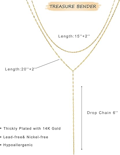 Lariat Gold Necklace for Women: 14K Gold Plated Dainty Y-Shaped Body-Chain Choker, Non-Tarnish Layered Pendant Gift