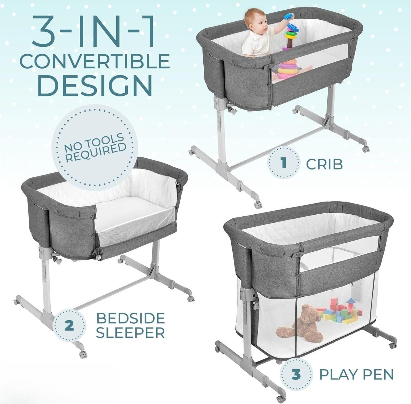 3 in 1 Bassinet, Bedside Sleeper, & Playpen, Easy Folding Portable Crib (Grey)