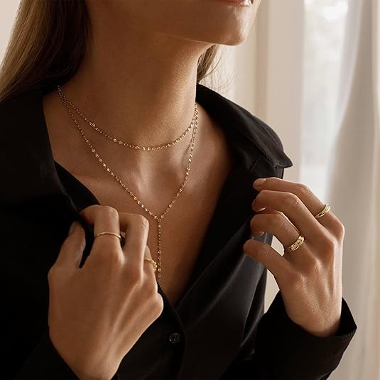 Lariat Gold Necklace for Women: 14K Gold Plated Dainty Y-Shaped Body-Chain Choker, Non-Tarnish Layered Pendant Gift